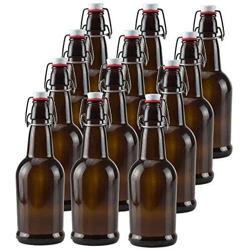 16 oz Amber Glass Beer Bottles for Home Brewing 12 Pack with Flip Caps