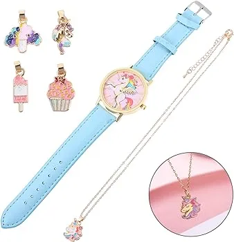 1pc Kids Unicorn Pattern Dial Quartz Watch & 1pc Necklace & 4pcs Pendant S186570