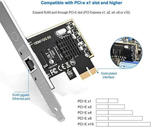 2.5GBase-T PCIe Network Adapter with 1 Port, 2500/1000/100Mbps PCI Express Gigabit Ethernet Card RJ45 LAN Controller Support Windows Server/Windows/Linux, Standard and Low-Profile Brackets Included