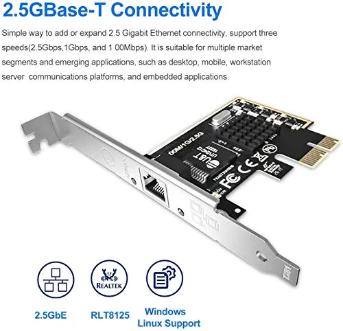 2.5GBase-T PCIe Network Adapter with 1 Port, 2500/1000/100Mbps PCI Express Gigabit Ethernet Card RJ45 LAN Controller Support Windows Server/Windows/Linux, Standard and Low-Profile Brackets Included