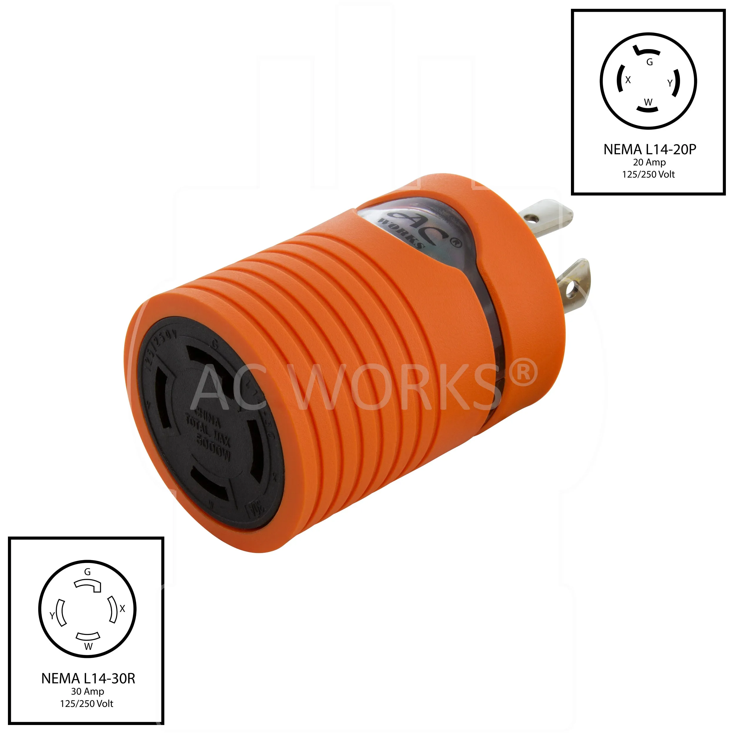 AC WORKS® [ADL1420L1430] 20A 4-Prong 125/250V L14-20P Plug to L14-30R 30A 4-Prong 125/250V Connector with cCSAus Approval