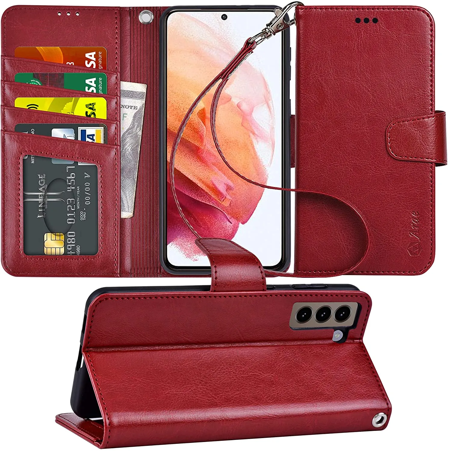 Arae Case for Samsung Galaxy S21 Wallet Case Flip Cover with Card Holder and Wrist Strap for Samsung Galaxy S21, 6.2 inch