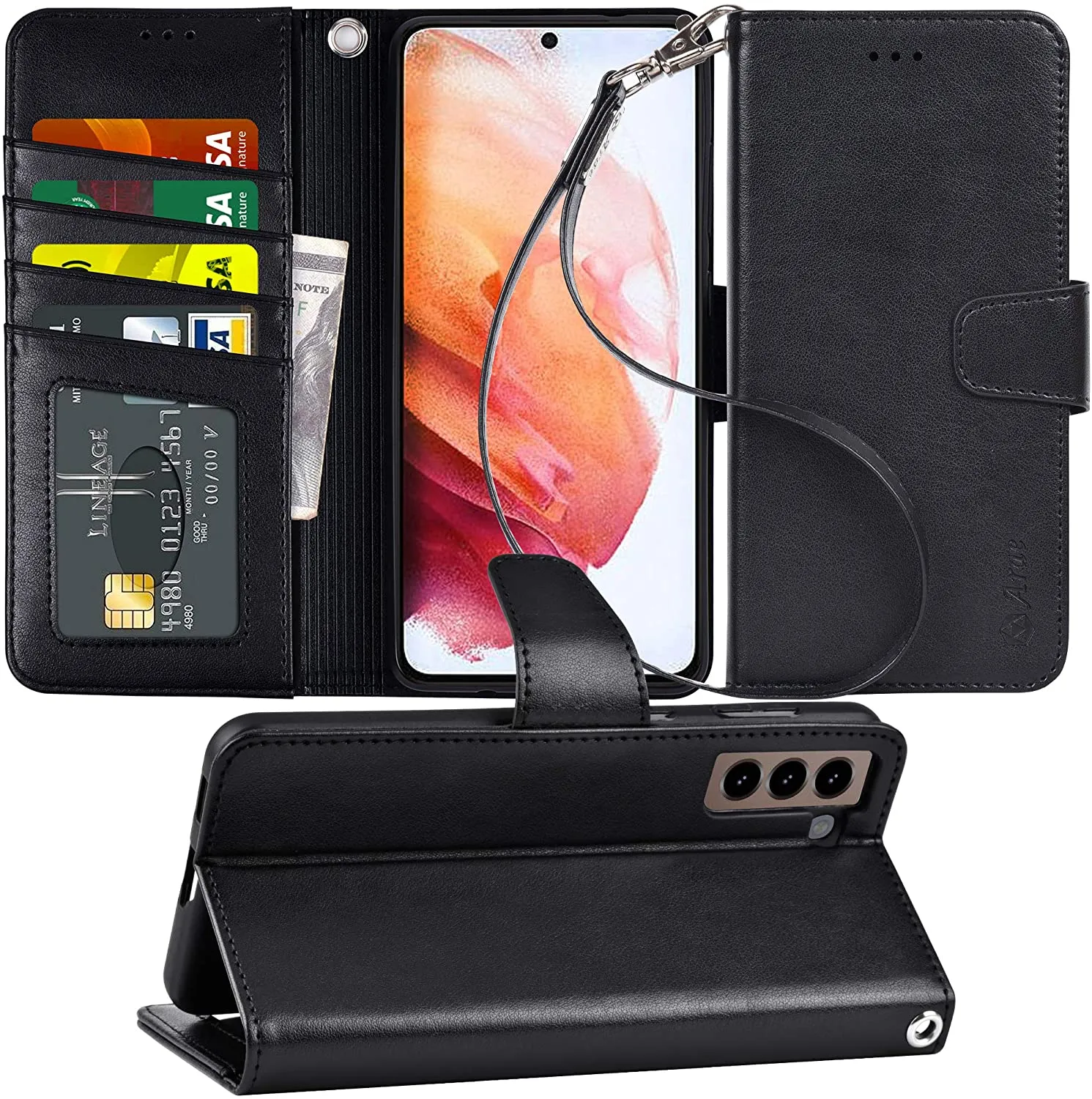 Arae Case for Samsung Galaxy S21 Wallet Case Flip Cover with Card Holder and Wrist Strap for Samsung Galaxy S21, 6.2 inch