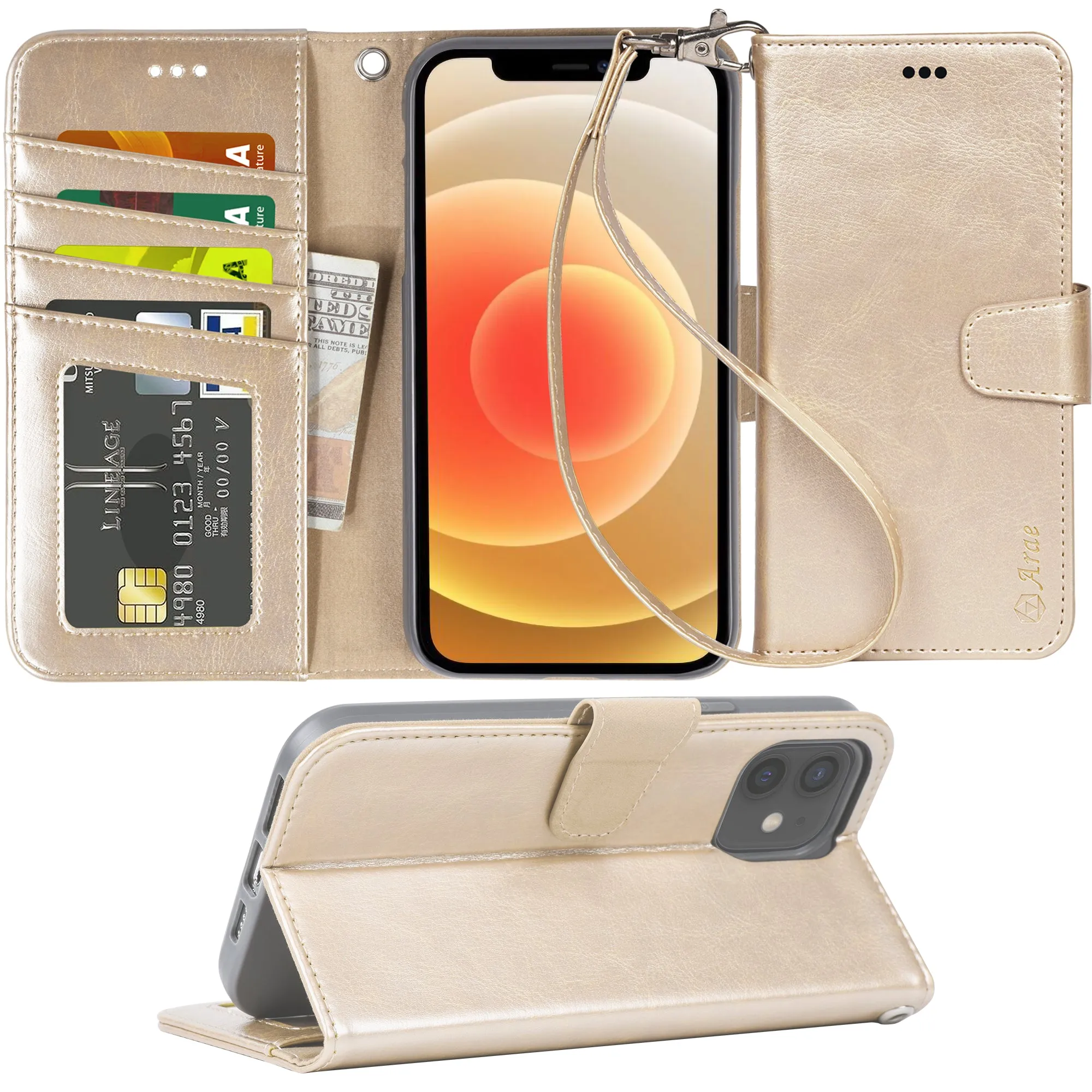 Arae Compatible with iPhone 12 Case and iPhone 12 Pro Case Wallet Flip Cover with Card Holder and Wrist Strap