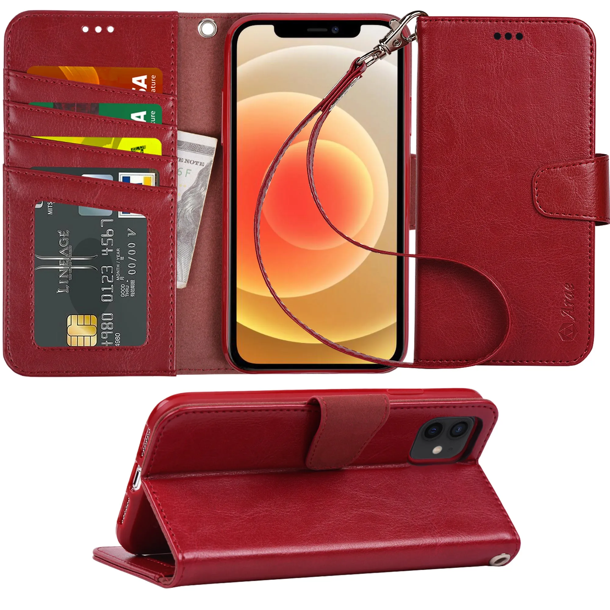 Arae Compatible with iPhone 12 Case and iPhone 12 Pro Case Wallet Flip Cover with Card Holder and Wrist Strap