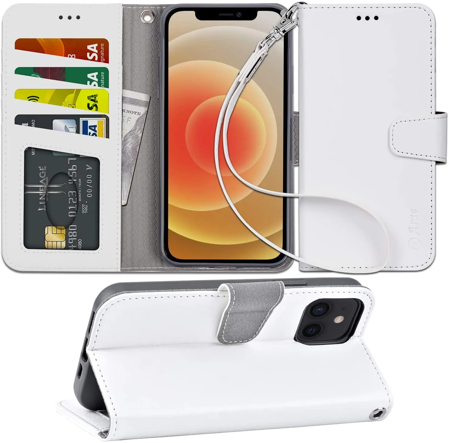 Arae Compatible with iPhone 12 Case and iPhone 12 Pro Case Wallet Flip Cover with Card Holder and Wrist Strap