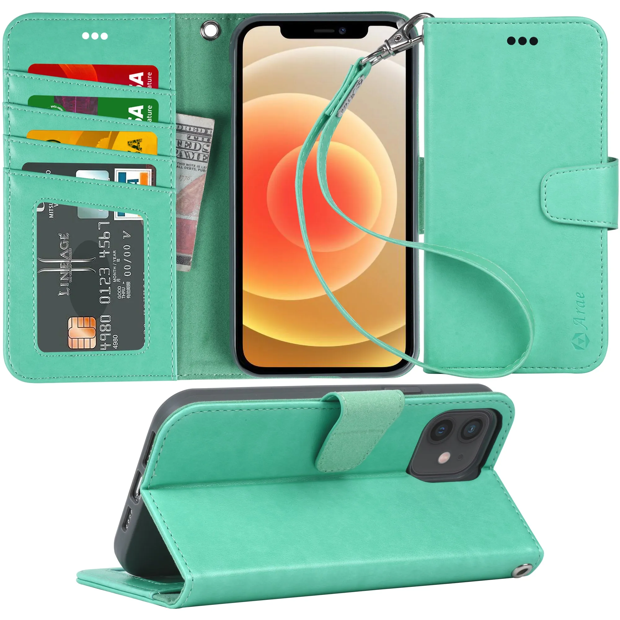 Arae Compatible with iPhone 12 Case and iPhone 12 Pro Case Wallet Flip Cover with Card Holder and Wrist Strap