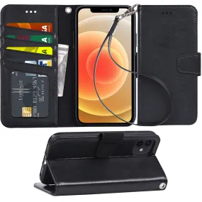 Arae Compatible with iPhone 12 Case and iPhone 12 Pro Case Wallet Flip Cover with Card Holder and Wrist Strap