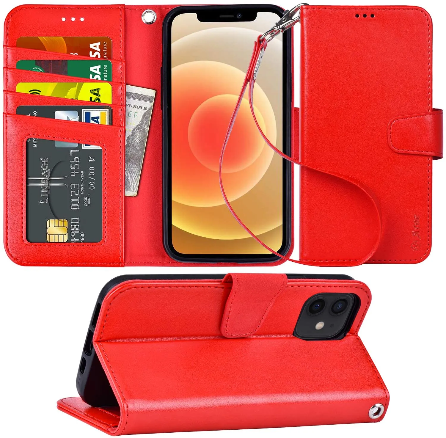 Arae Compatible with iPhone 12 Case and iPhone 12 Pro Case Wallet Flip Cover with Card Holder and Wrist Strap