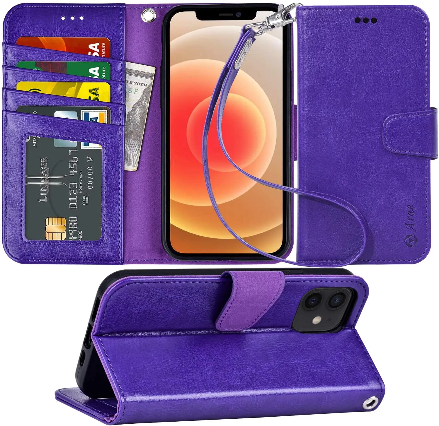 Arae Compatible with iPhone 12 Case and iPhone 12 Pro Case Wallet Flip Cover with Card Holder and Wrist Strap