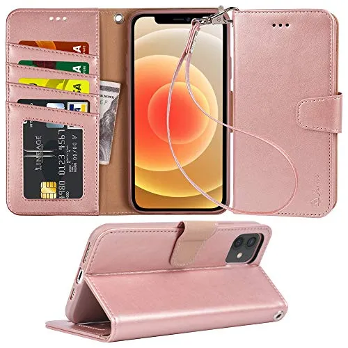 Arae Compatible with iPhone 12 Case and iPhone 12 Pro Case Wallet Flip Cover with Card Holder and Wrist Strap