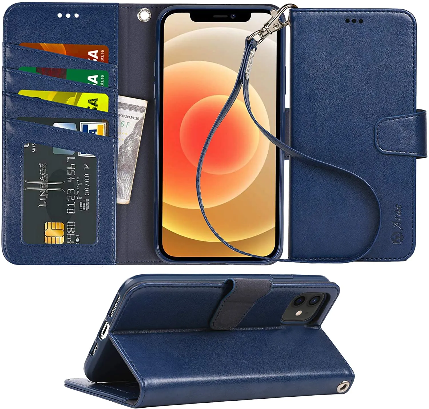 Arae Compatible with iPhone 12 Case and iPhone 12 Pro Case Wallet Flip Cover with Card Holder and Wrist Strap