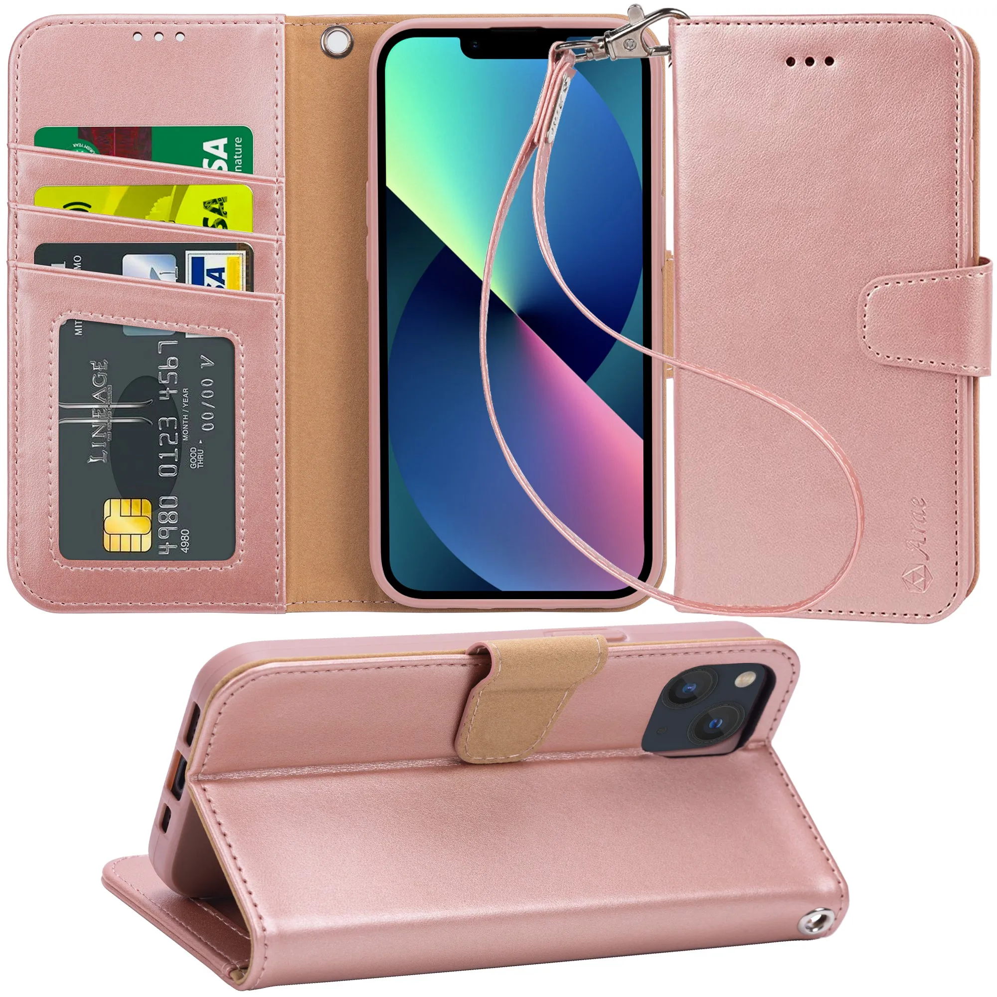 Arae Compatible with iPhone 13 and 13 Mini Case Wallet Flip Cover with Card Holder and Wrist Strap