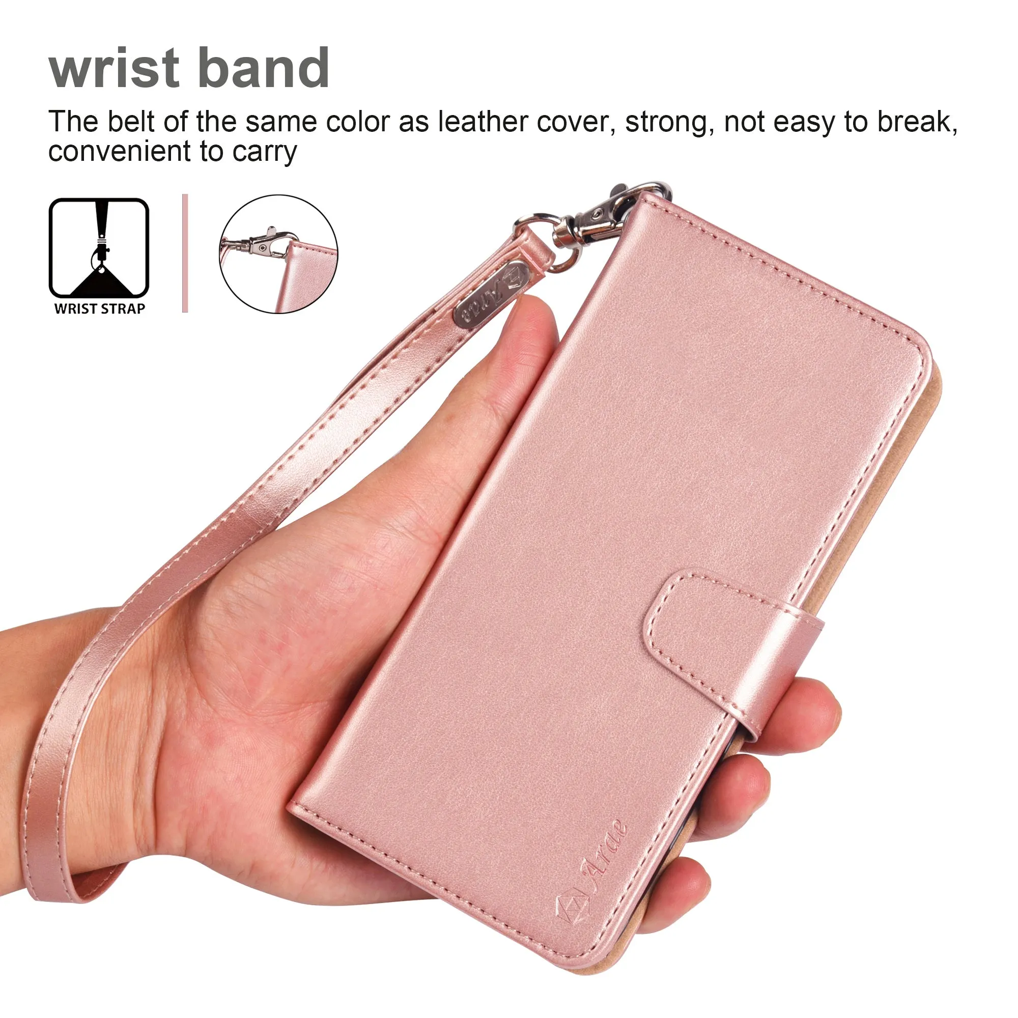 Arae Wallet Case for Google Pixel 4 PU Leather flip case Cover [Stand Feature] with Wrist Strap and [4-Slots] ID&Credit Cards Pocket for Google Pixel 4, Rose Gold