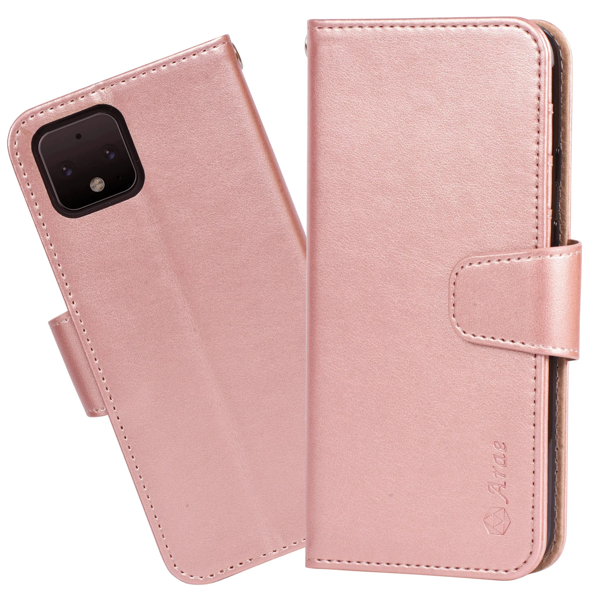 Arae Wallet Case for Google Pixel 4 PU Leather flip case Cover [Stand Feature] with Wrist Strap and [4-Slots] ID&Credit Cards Pocket for Google Pixel 4, Rose Gold