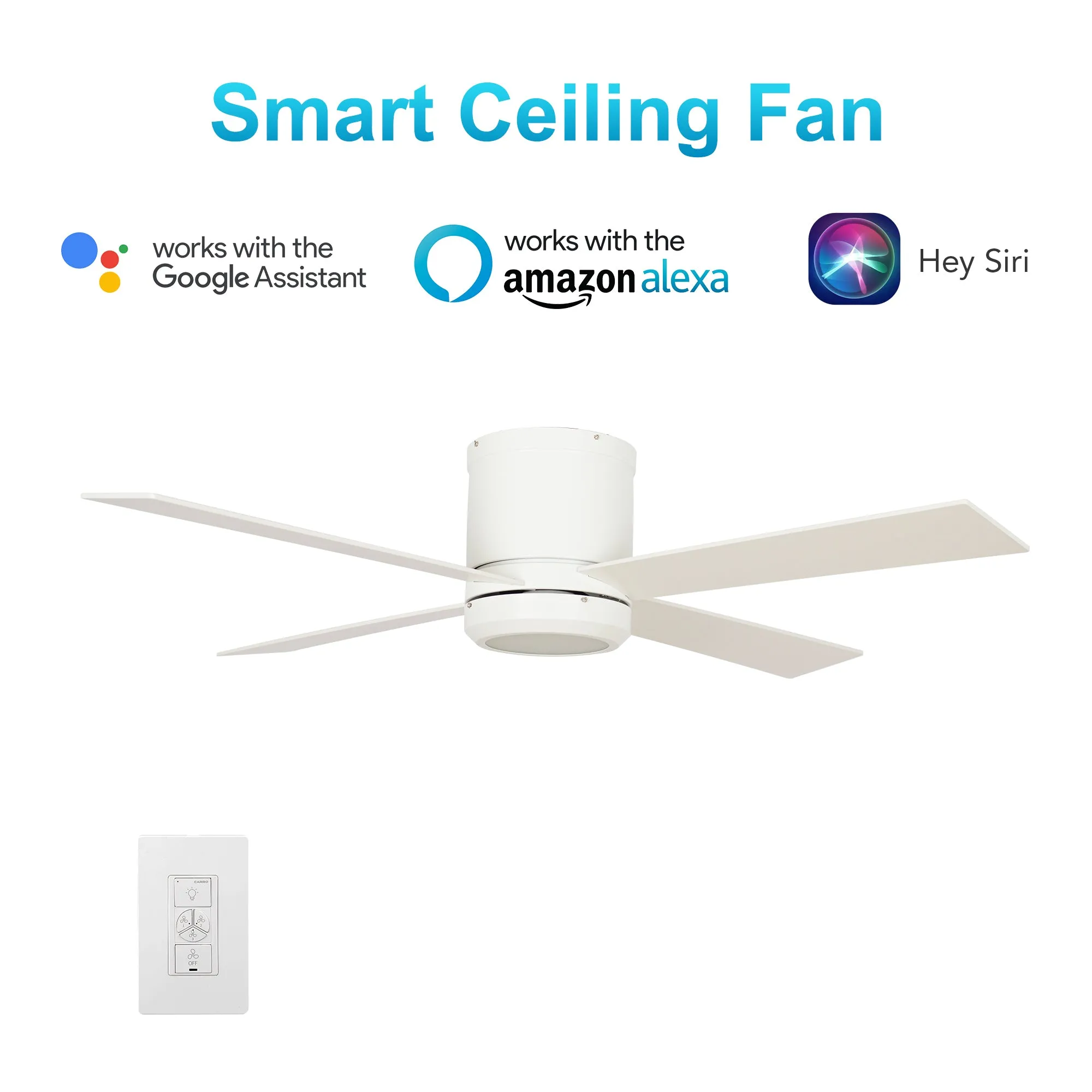 ARLINGTON 52 inch 4-Blade Flush Mount Smart Ceiling Fan with LED Light Kit & Wall Switch - White/White