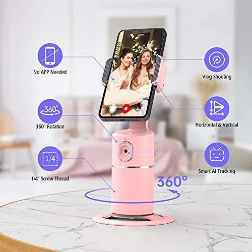 Auto Face Tracking Phone Holder, No App Required, 360° Rotation Face Body Phone Tracking Tripod Smart Shooting Camera Mount for Live Vlog Streaming Video, Rechargeable Battery-Pink