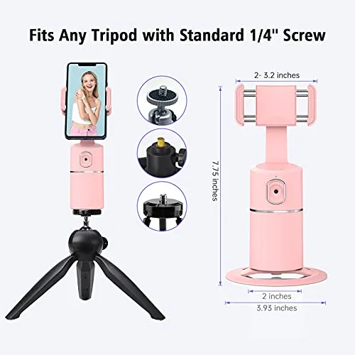 Auto Face Tracking Phone Holder, No App Required, 360° Rotation Face Body Phone Tracking Tripod Smart Shooting Camera Mount for Live Vlog Streaming Video, Rechargeable Battery-Pink