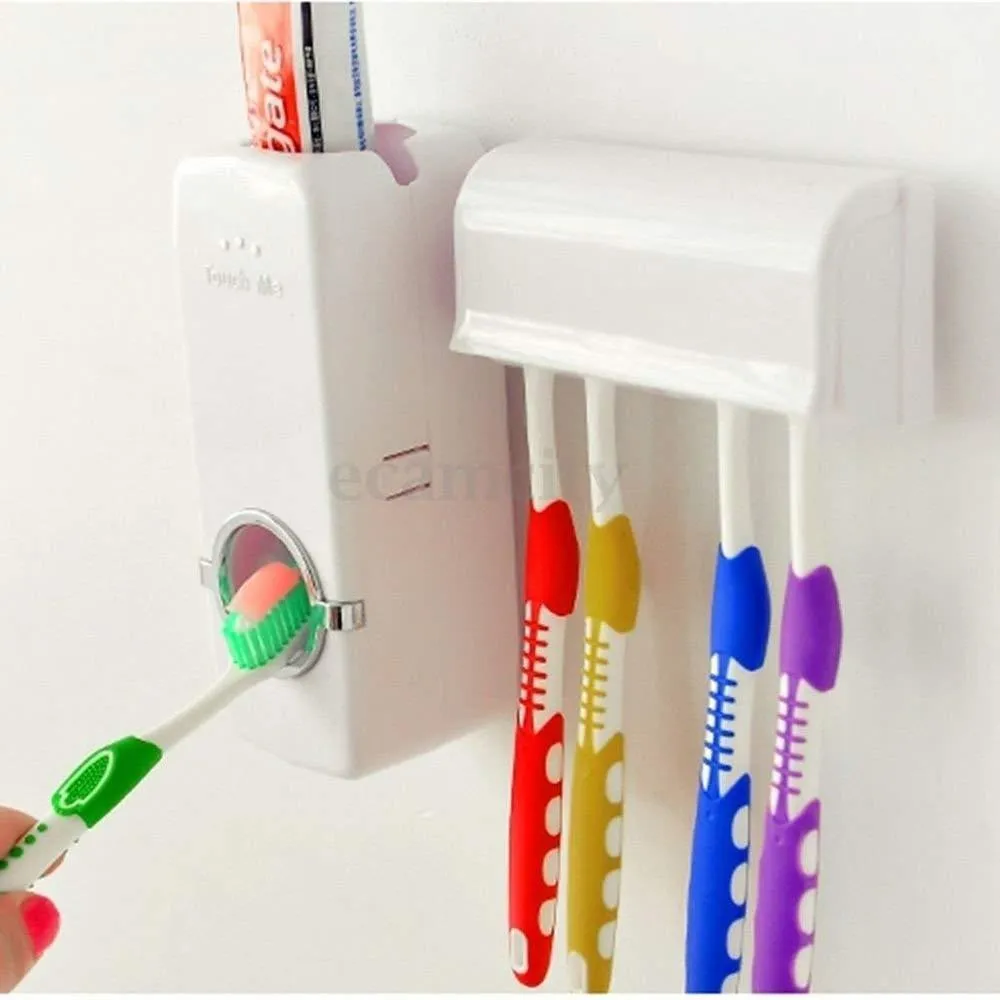 Automatic Toothpaste Dispenser and 5 Toothbrush Holder for Bathroom, Wall Mounted