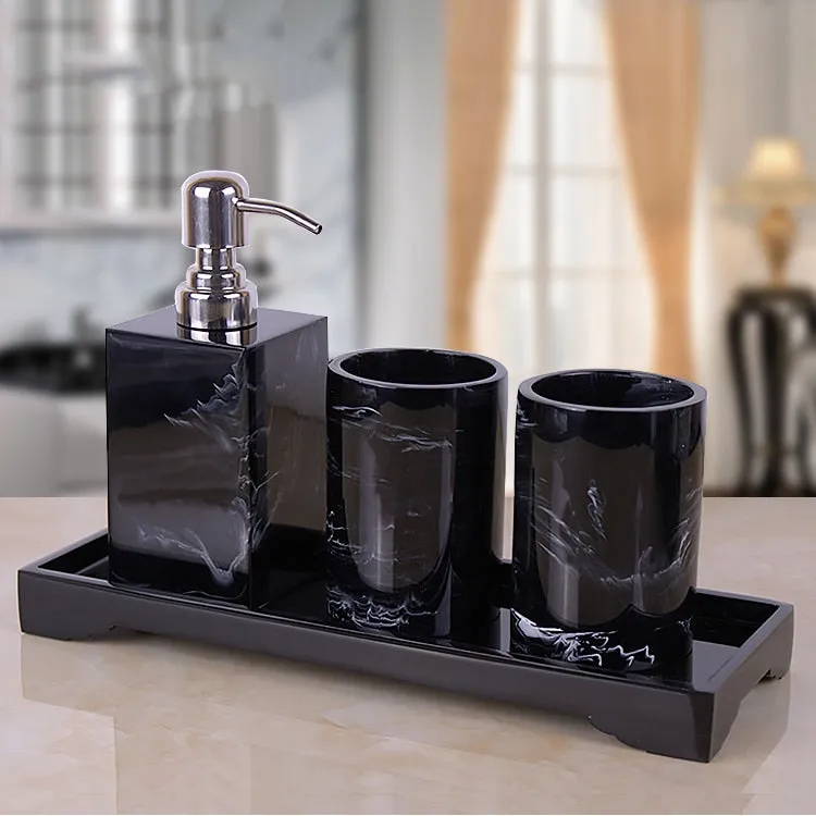 Black Marble Pattern Tray Resin Bathroom Set Toothbrush Holder Soap Dispenser Soap Dish Men&#39;s Bathroom Accessories Set Home Deco