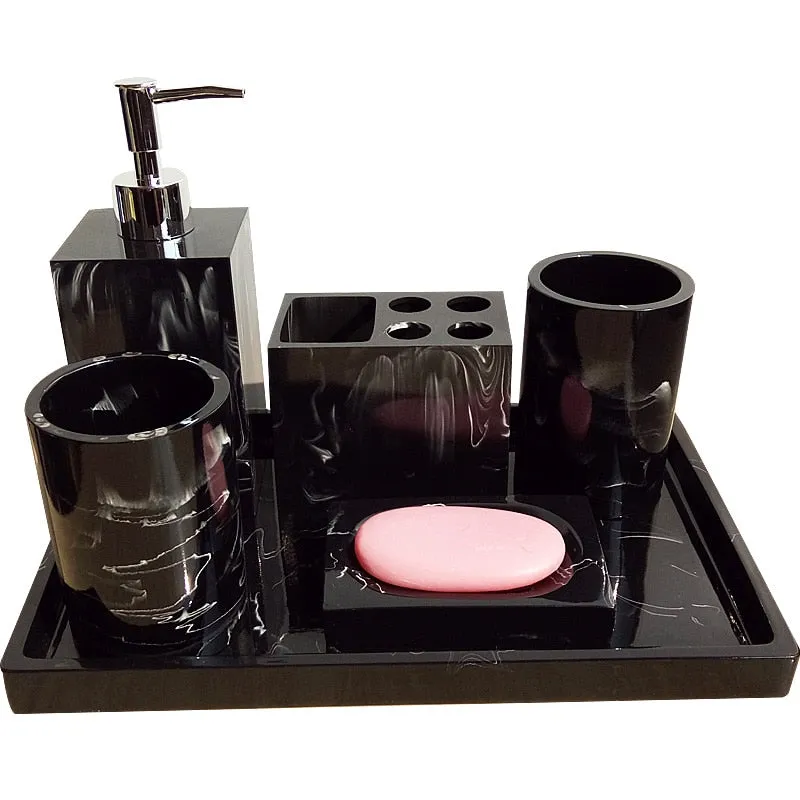 Black Marble Pattern Tray Resin Bathroom Set Toothbrush Holder Soap Dispenser Soap Dish Men&#39;s Bathroom Accessories Set Home Deco