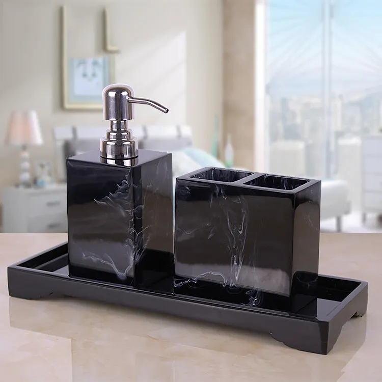 Black Marble Pattern Tray Resin Bathroom Set Toothbrush Holder Soap Dispenser Soap Dish Men&#39;s Bathroom Accessories Set Home Deco