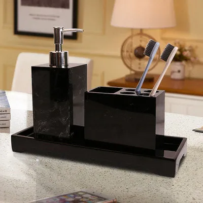 Black Marble Pattern Tray Resin Bathroom Set Toothbrush Holder Soap Dispenser Soap Dish Men&#39;s Bathroom Accessories Set Home Deco