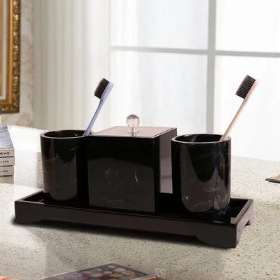 Black Marble Pattern Tray Resin Bathroom Set Toothbrush Holder Soap Dispenser Soap Dish Men&#39;s Bathroom Accessories Set Home Deco