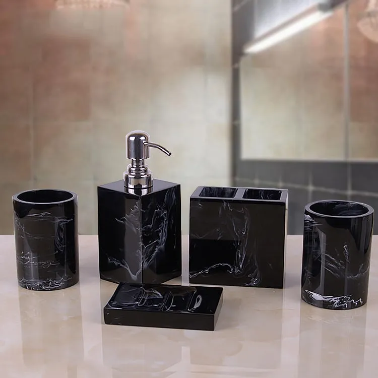 Black Marble Pattern Tray Resin Bathroom Set Toothbrush Holder Soap Dispenser Soap Dish Men&#39;s Bathroom Accessories Set Home Deco