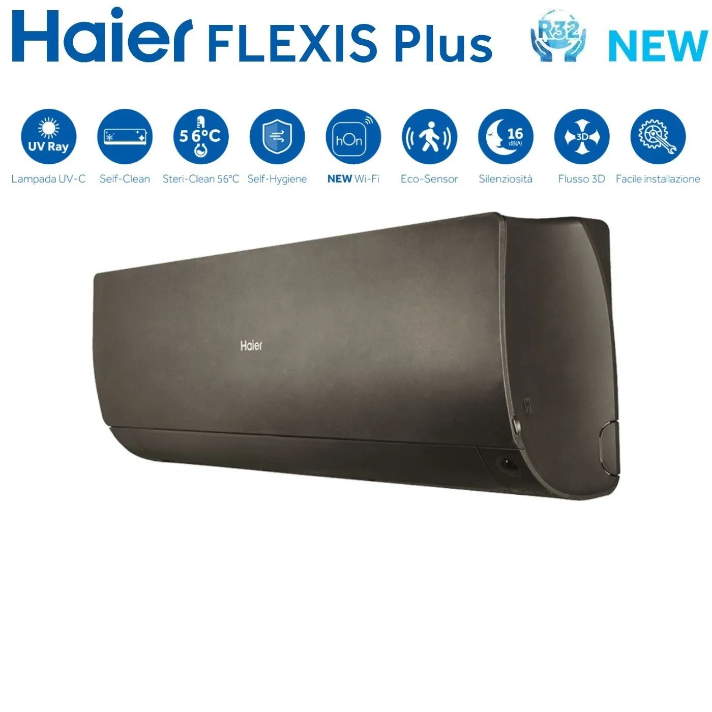 Climatizzatore Condizionatore Haier Quadri Split Inverter serie FLEXIS PLUS BLACK 7 7 7 24 con 4U85S2SR3FA R-32 Wi-Fi Integrato Colore Nero 7000 7000 7000 24000