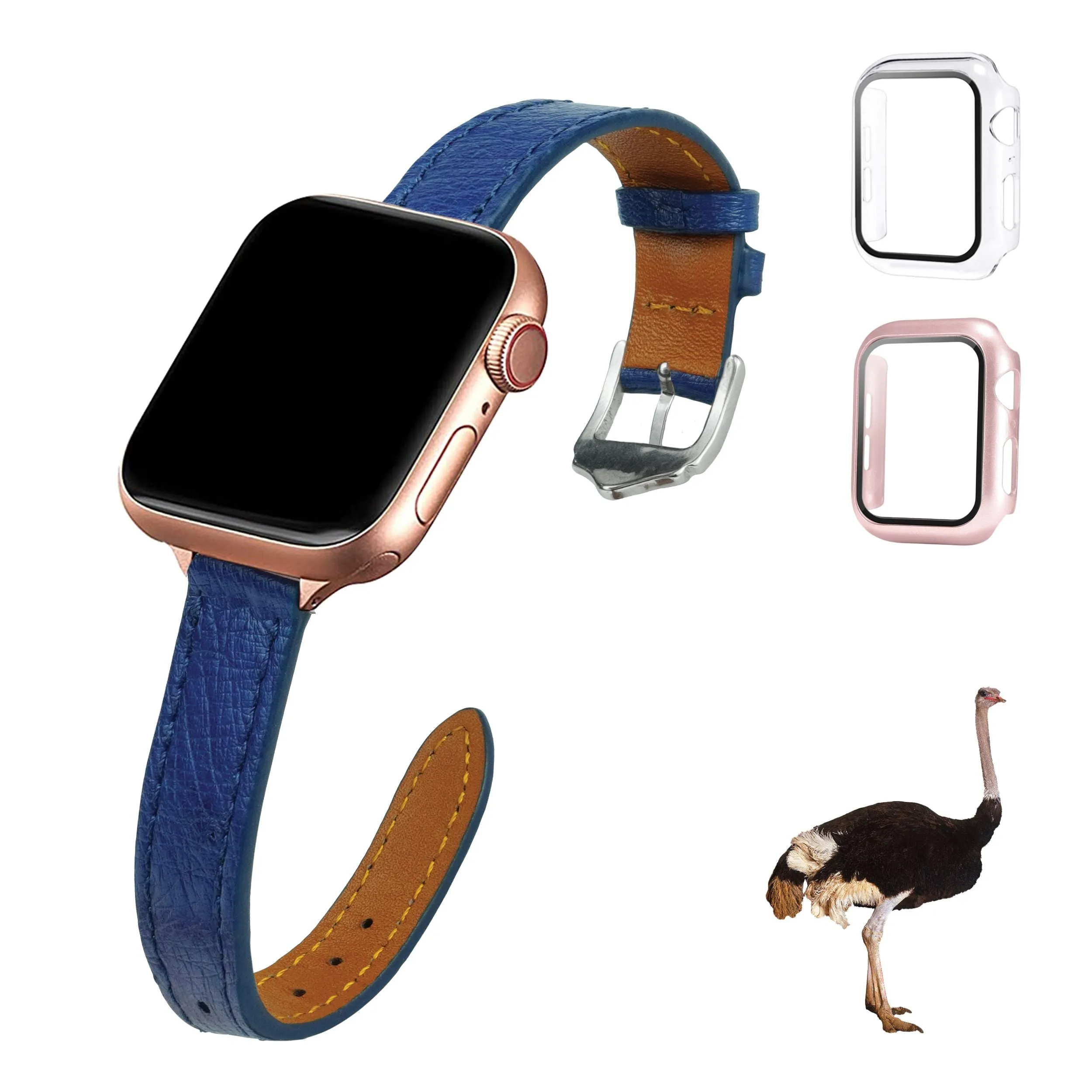 Copy of Blue Flat Ostrich Leather Band Compatible Apple Watch Iwatch 41mm Screen Protector Case Black Adapter Replacement Strap For Smartwatch Series 7 8 Leather Handmade AW-184S-W-41MM