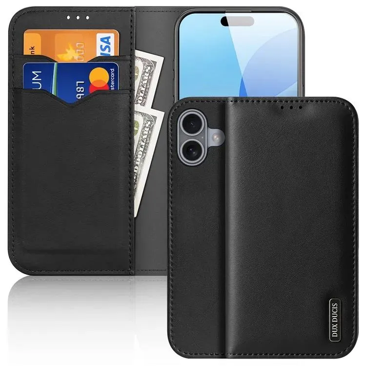 DUX DUCIS Genuine Real Leather Flip RFID Wallet Case for Apple iPhone 16 - Black