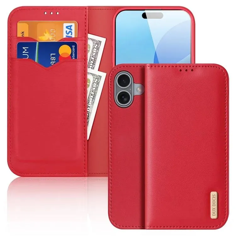 DUX DUCIS Genuine Real Leather Flip RFID Wallet Case for Apple iPhone 16 - Red