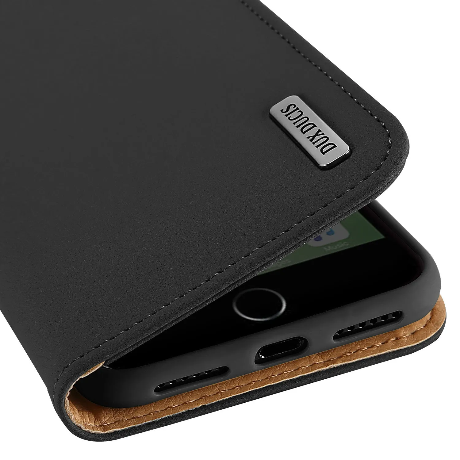 DUX DUCIS Real Genuine Leather Flip Wallet Case for Apple iPhone SE 2022, SE 2020, 8, 7- Black