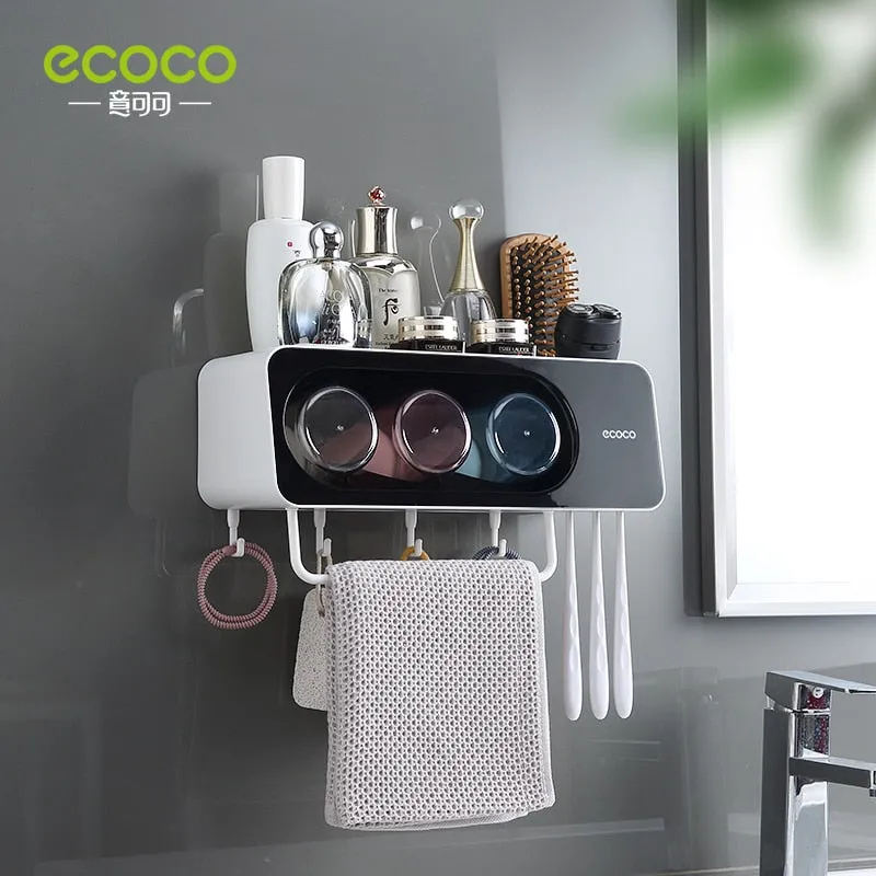 ECOCO Newest Wall Mount Toothbrush Cup Holder Multi-Functional Bathroom Accessories Organizer Rack with Towel Bar Hooks