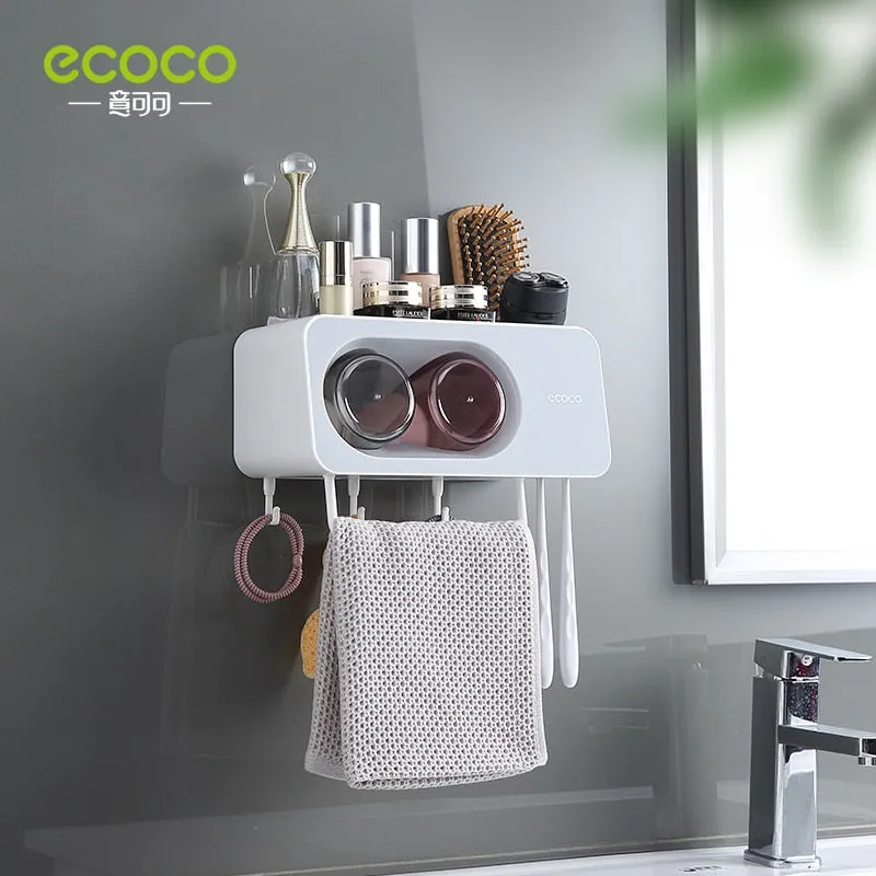 ECOCO Newest Wall Mount Toothbrush Cup Holder Multi-Functional Bathroom Accessories Organizer Rack with Towel Bar Hooks