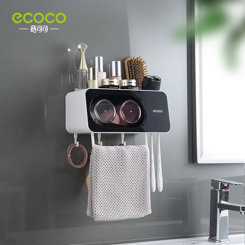 ECOCO Newest Wall Mount Toothbrush Cup Holder Multi-Functional Bathroom Accessories Organizer Rack with Towel Bar Hooks