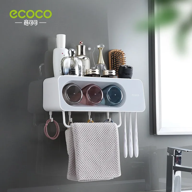 ECOCO Newest Wall Mount Toothbrush Cup Holder Multi-Functional Bathroom Accessories Organizer Rack with Towel Bar Hooks