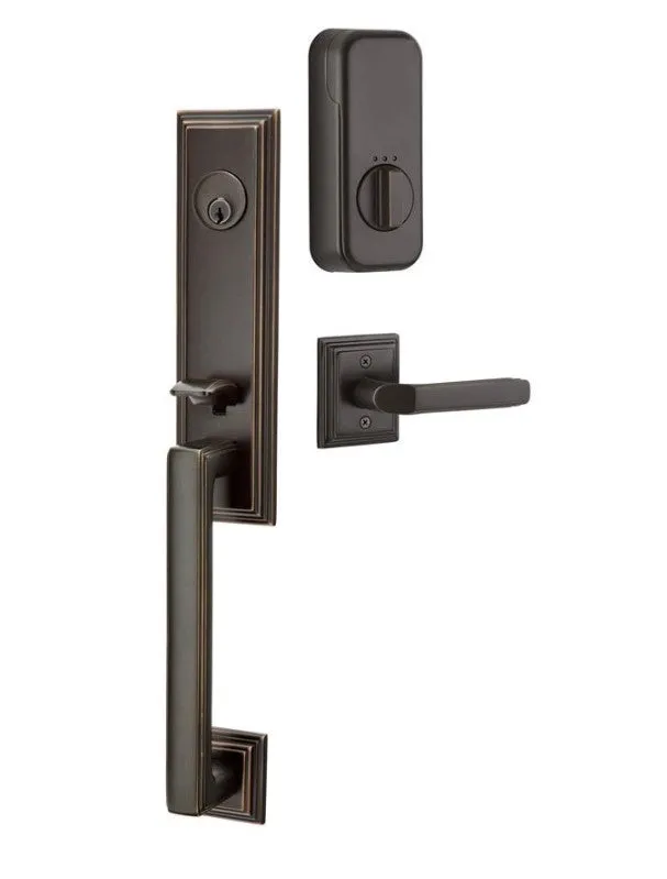 Emtek Single Cylinder Wilshire Handleset EMPowered Motorized Smart Lock Upgrade With Select R-Bar Hammered Lever