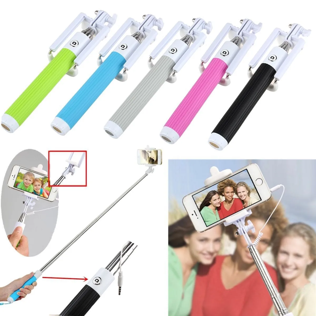 Fashion Extendable Wired Remote Shutter Selfie Stick Monopod For iPhone Smartphone - Black