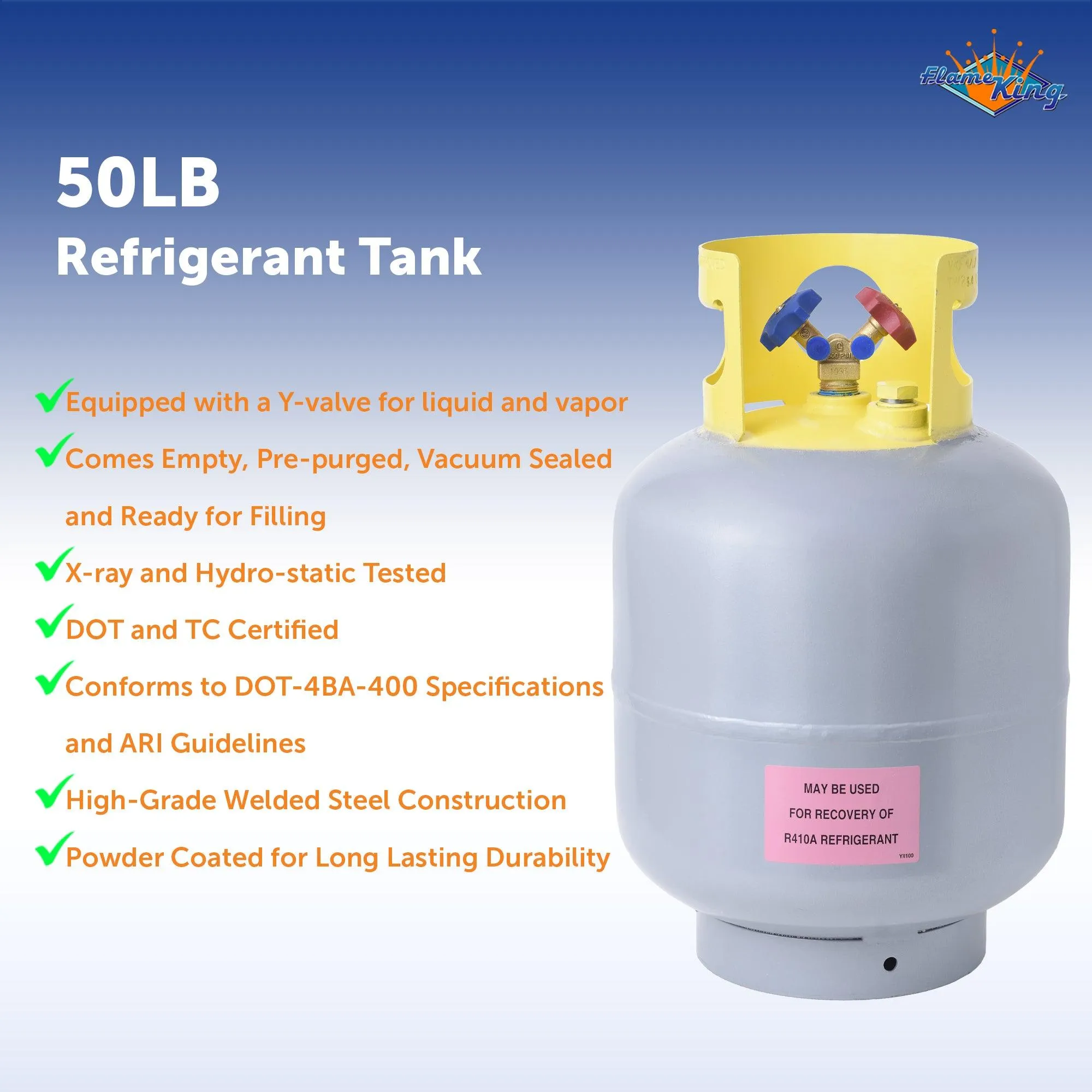 Flame King 50lb Refrigerant Cylinder Recovery Tank with SCG Y-Valve