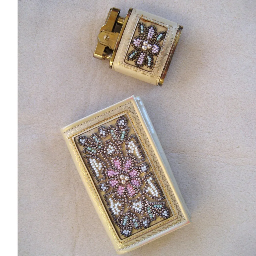 French Daniel Entre Nous Leather and Bead Key Case and Lighter Set