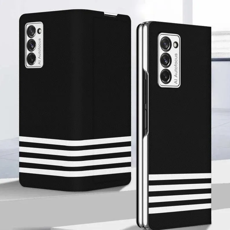 Galaxy Z Fold2 White Stripes Leather Flip Case