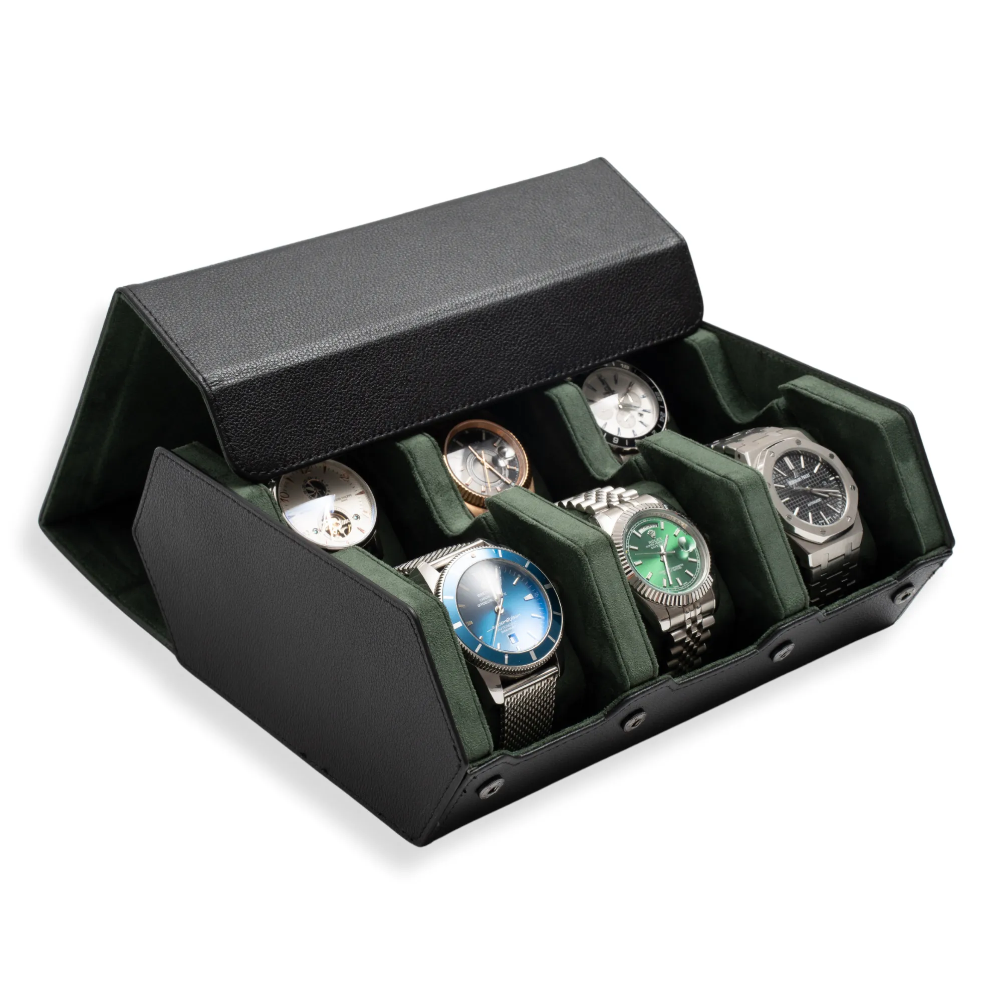 Hex Leather Watch Roll 6 Slots in Black/Green