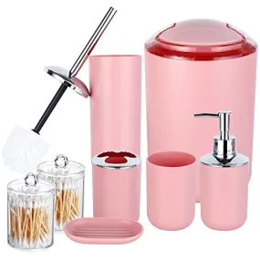 HOMEACC Pink Bathroom Accessories Set of 8,with Toothbrush Holder,Toothbrush Cup,Soap Dispenser,Soap Dish,Toilet Brush Holder,Trash Can,Plastic Bathroom Set for Home and Bathroom