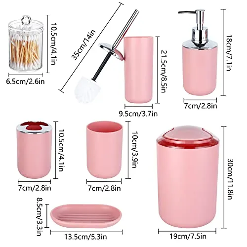 HOMEACC Pink Bathroom Accessories Set of 8,with Toothbrush Holder,Toothbrush Cup,Soap Dispenser,Soap Dish,Toilet Brush Holder,Trash Can,Plastic Bathroom Set for Home and Bathroom