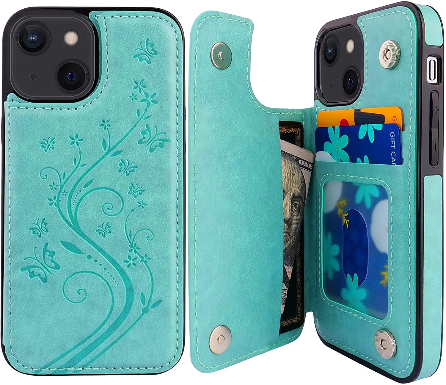 iPhone 13 Mini Butterfly Flower Wallet Case with Credit Card Holder