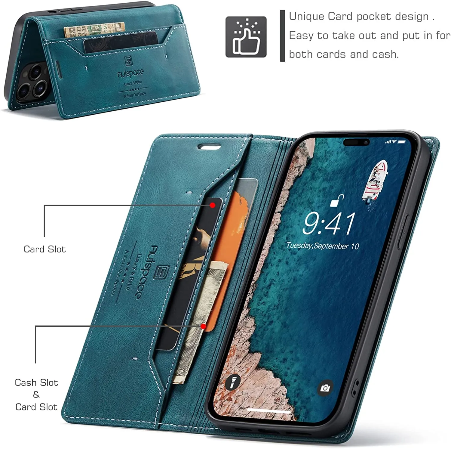 iPhone 14 Pro Max,PU Leather Folio Flip Wallet Case 6.7 inch Teal