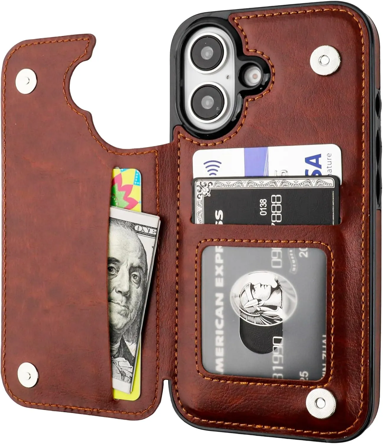 iPhone 16 Wallet Case with Card Holder PU Leather Kickstand Card Slots Case Black