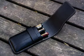 Leather Flap Pen Case for Three Pens - Black